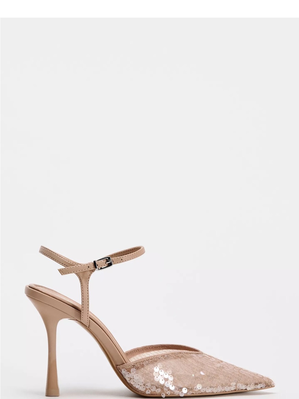Zara Blush Sequin Pointed Toe Ankle Strap Heels